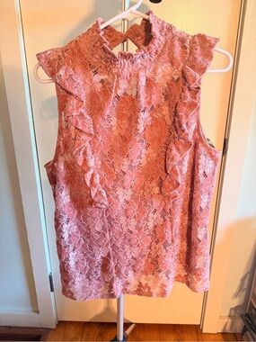 Cable & Gauge Dusty Pink Lace Ruffle Mock Neck Camisole